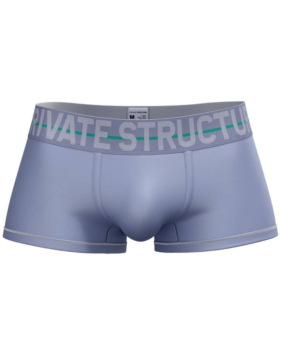 Light gray private structure men’s mid waist boxer briefs with white logo waistband and thin teal stripe lilac color