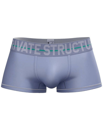 Light gray private structure men’s mid waist boxer briefs with white logo waistband and thin teal stripe lilac color