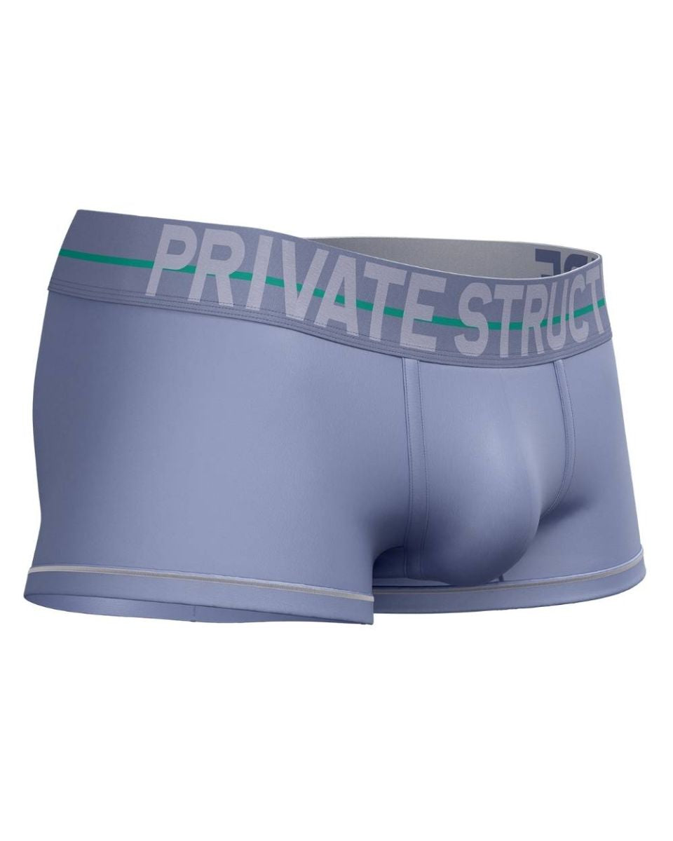 Light blue men’s briefs with gray waistband private structure logo and green stripe private structure moux4103 mo lite trunk