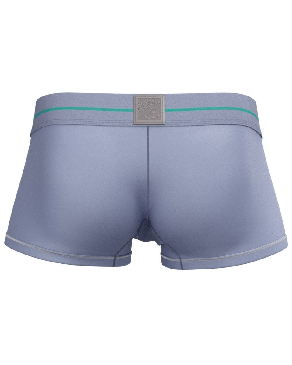 Light blue private structure mo lite mid waist trunk briefs with teal stripe and silver logo plaque on waistband