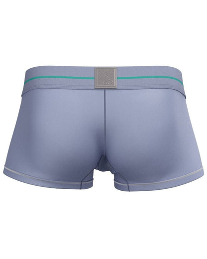 Light blue private structure mo lite mid waist trunk briefs with teal stripe and silver logo plaque on waistband