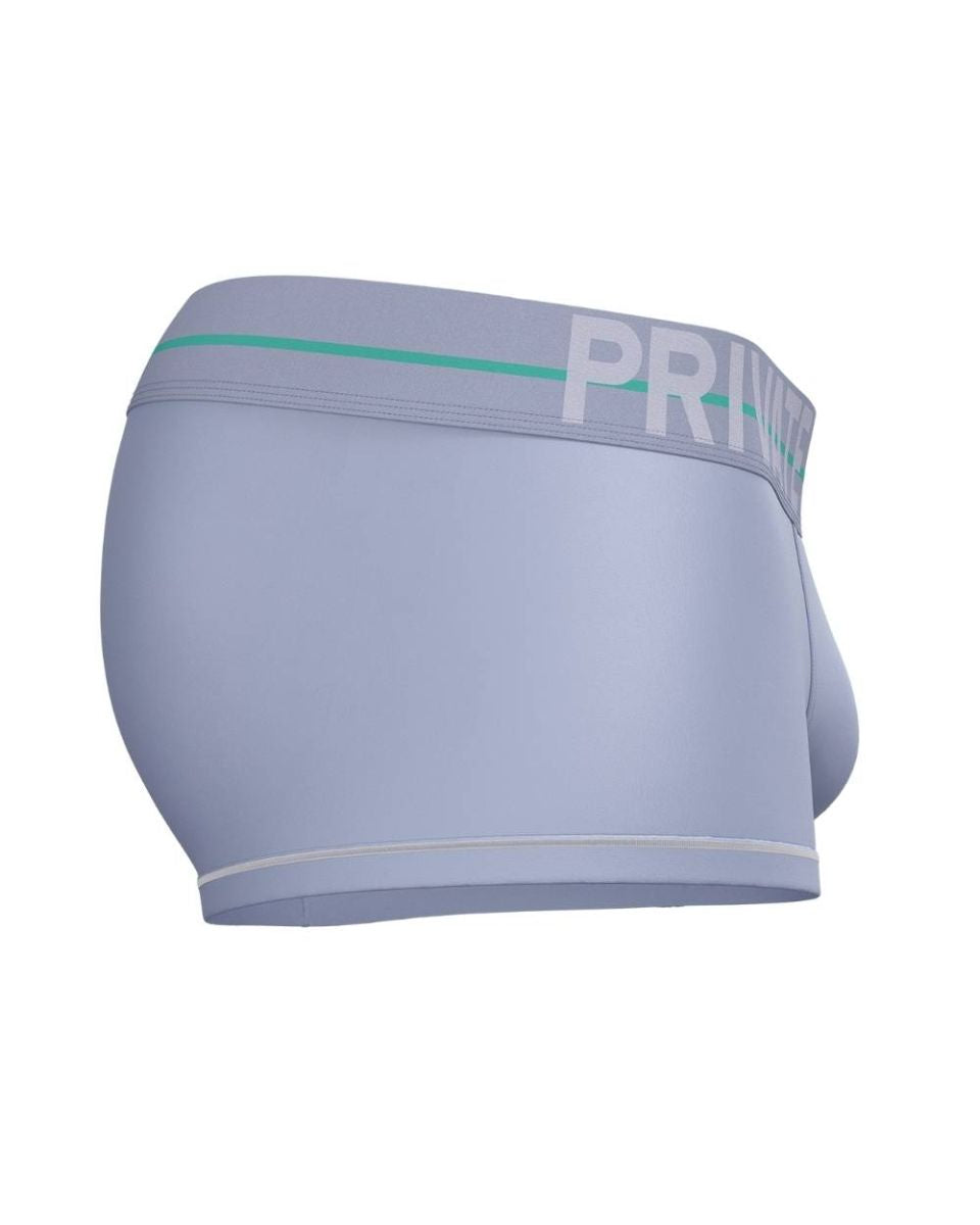 Light gray men’s briefs with teal stripe and white prim branding on waistband from private structure moux4103 mo lite mid waist trunk