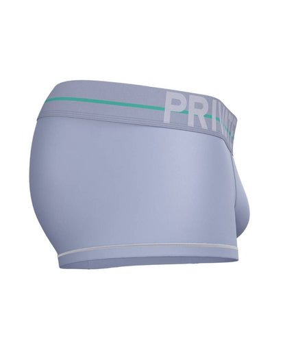 Light gray men’s briefs with teal stripe and white prim branding on waistband from private structure moux4103 mo lite mid waist trunk