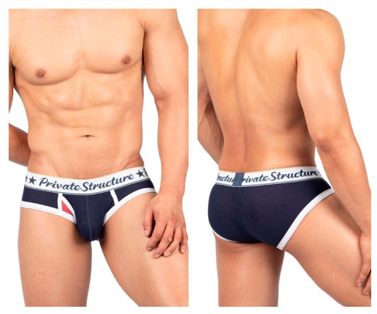 Navy blue and white classic mid waist men’s briefs with private structure branded waistband in cotton blend material
