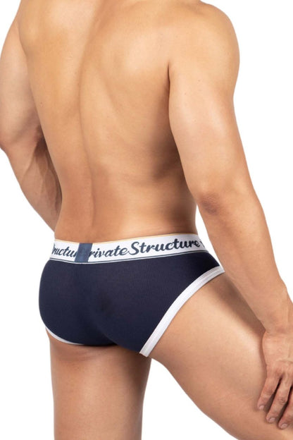 Navy blue classic mid waist mini briefs with white trim and branded waistband from private structure