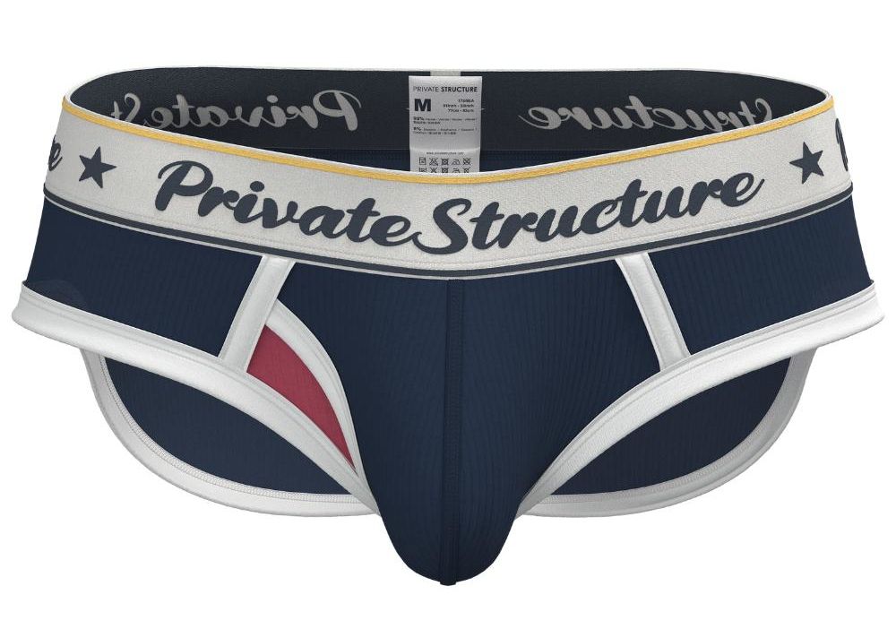Navy blue and white private structure classic mid waist mini brief with red accent and black script waistband