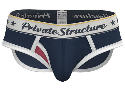 Navy blue and white private structure classic mid waist mini brief with red accent and black script waistband