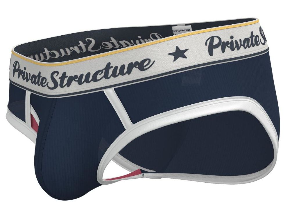 Navy blue and white men’s classic mid waist mini briefs with branded private structure waistband in black script