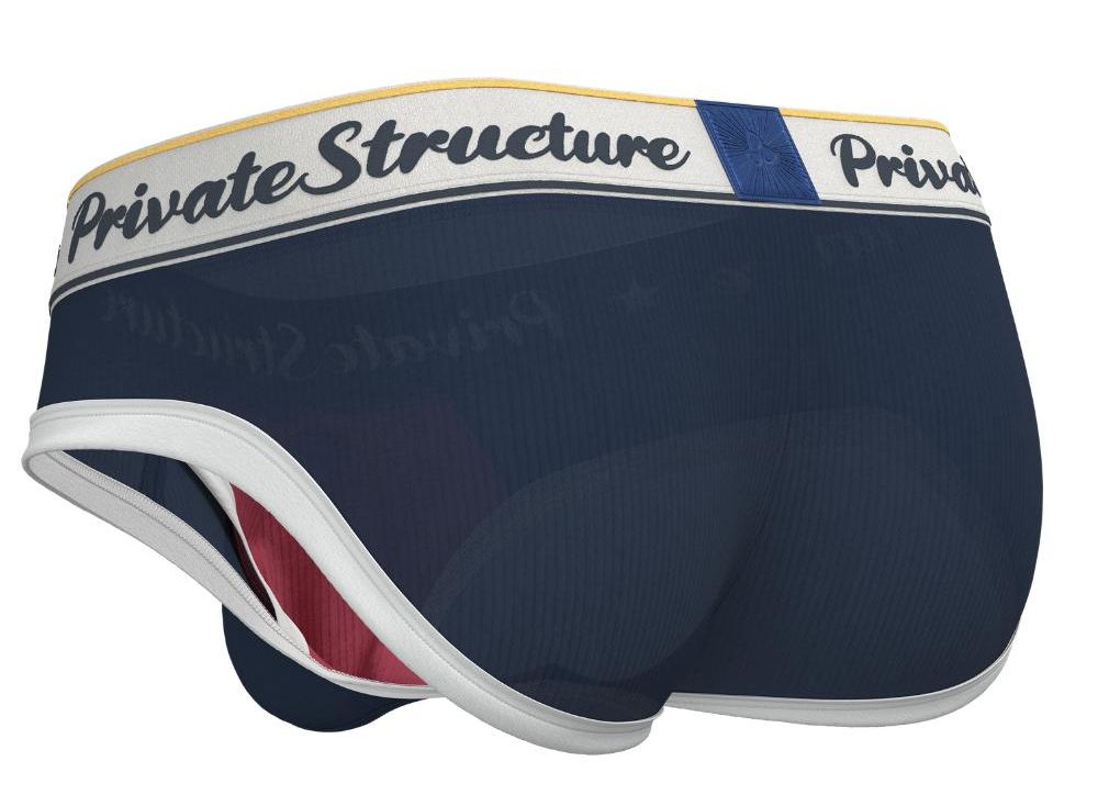 Navy blue men’s briefs with white trim and private structure logo band classic mid waist mini brief design