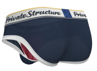 Navy blue men’s briefs with white trim and private structure logo band classic mid waist mini brief design