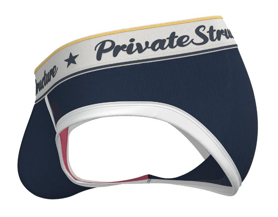 Navy blue men’s briefs with white trim and private structure branded waistband classic mid waist mini brief