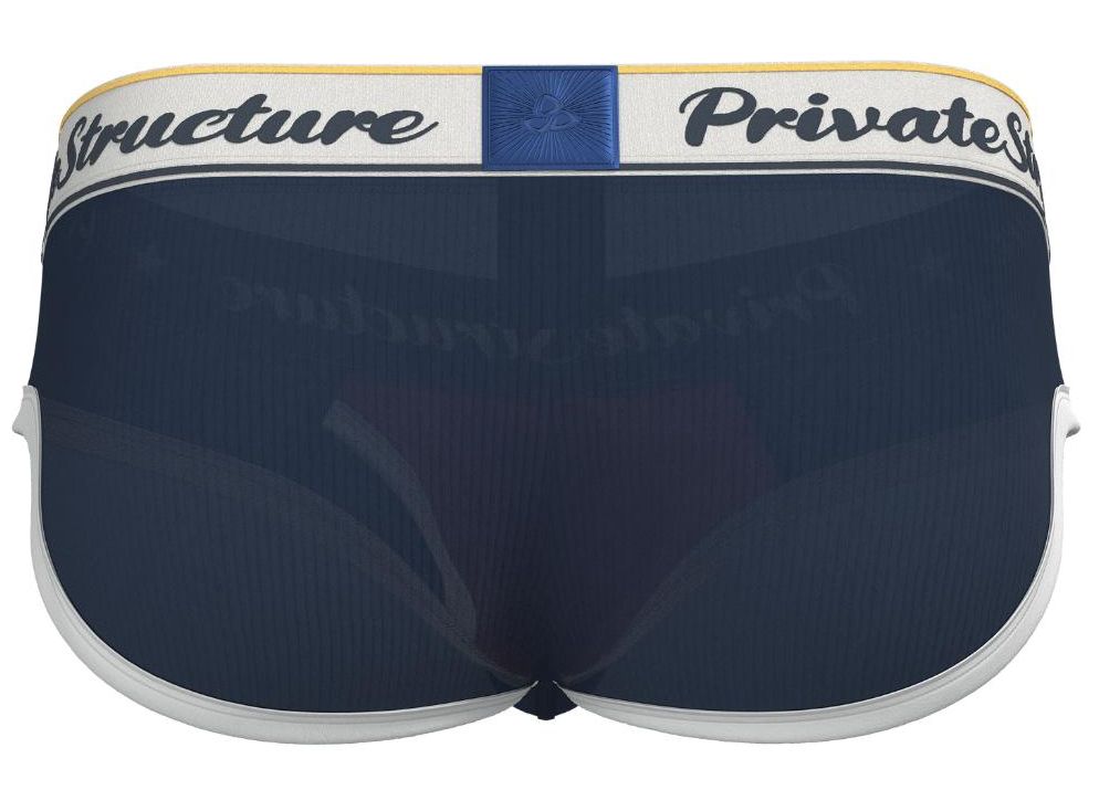 Navy blue mesh mid waist mini briefs with white trim and branded waistband featuring structure private stock text