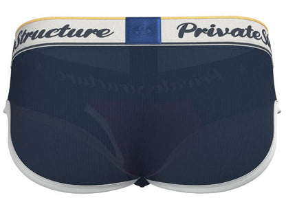 Navy blue mesh mid waist mini briefs with white trim and branded waistband featuring structure private stock text