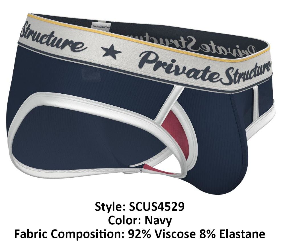 Navy blue private structure classic mid waist men’s briefs with white and red trim and branded waistband