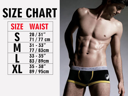 Black mens briefs navy with yellow trim and white yin yang logo featuring Private Structure waistband branding