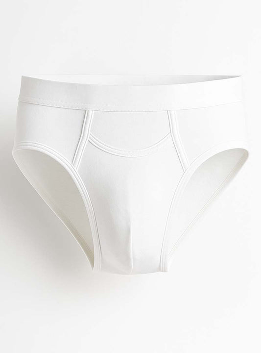 White purecomfort cotton brief with smooth seamless design and subtle stitching details visible from the back side