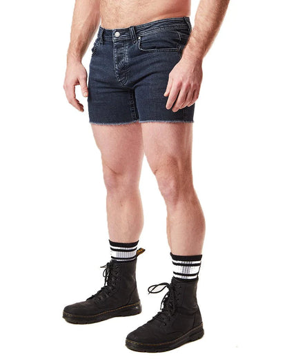 Dark blue denim quad shorts with a frayed hem perfect for casual summer wear