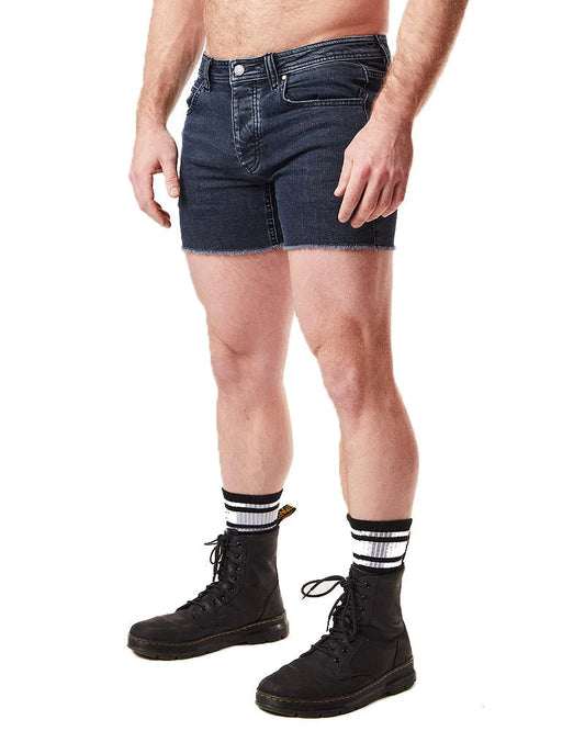 Dark blue denim quad shorts with a frayed hem perfect for casual summer wear