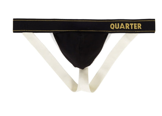 Black athletic briefs with cream side straps and gold quarter logo on waistband quarter homme ath-1101 size l