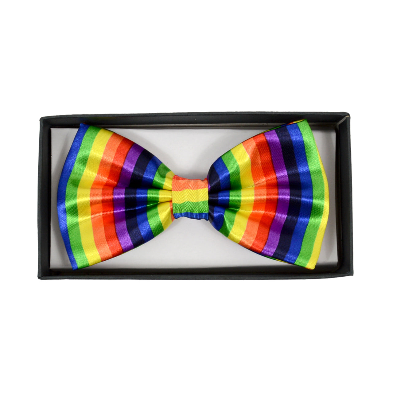 A vibrant rainbow bow tie with glossy satin material featuring bold vertical red orange yellow green blue and purple stripes