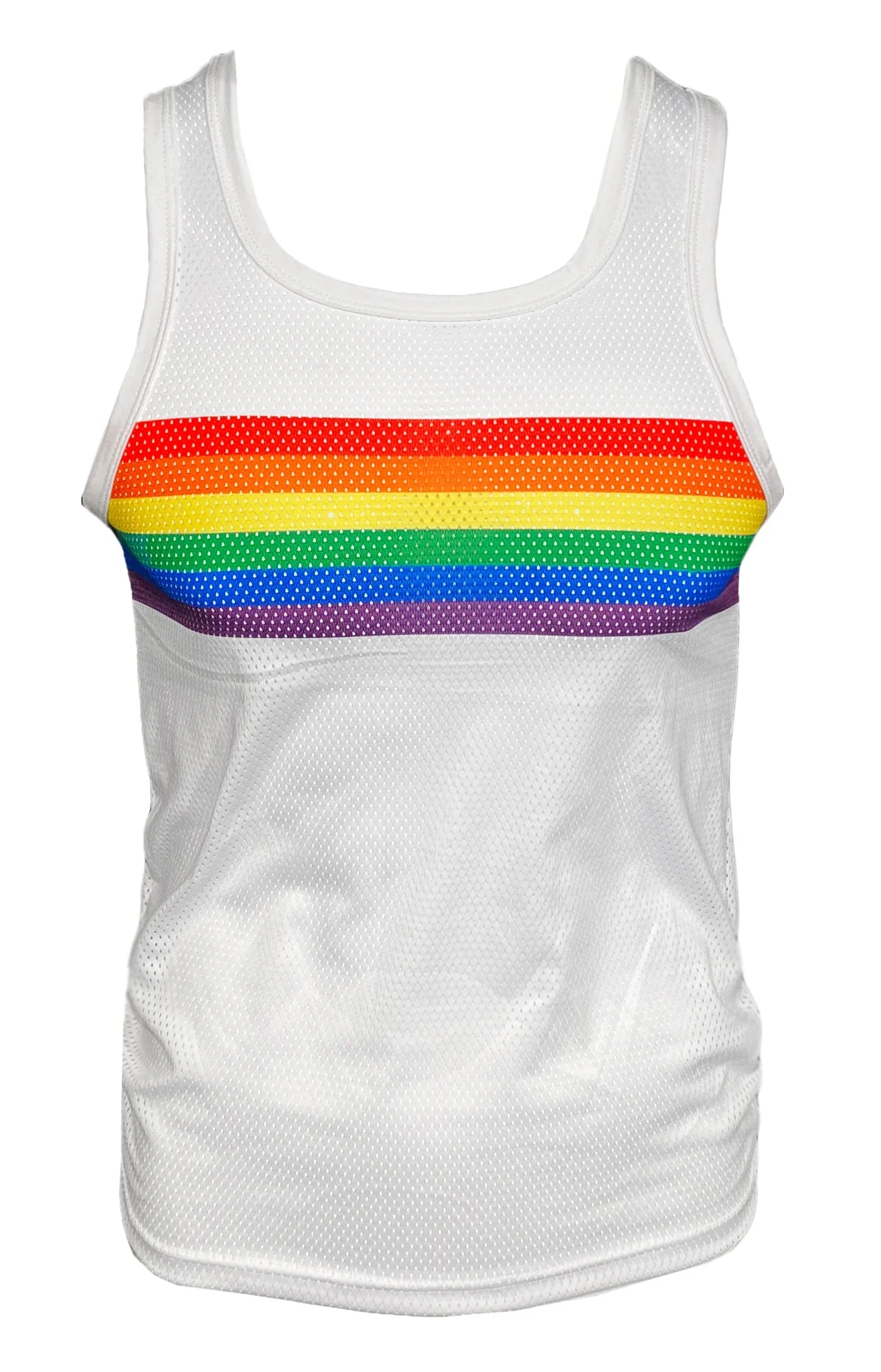 White mesh tank top featuring a vibrant horizontal rainbow stripe across the chest in rainbow chest stripe mesh tank