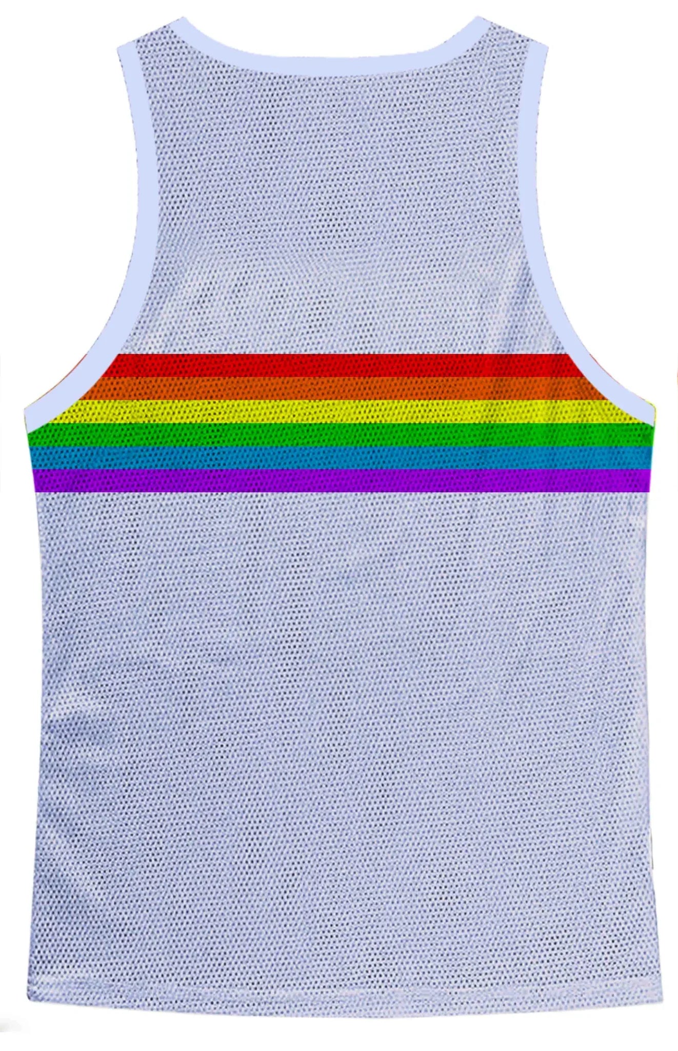 White mesh tank top with a bold rainbow chest stripe in the rainbow chest stripe mesh tank design