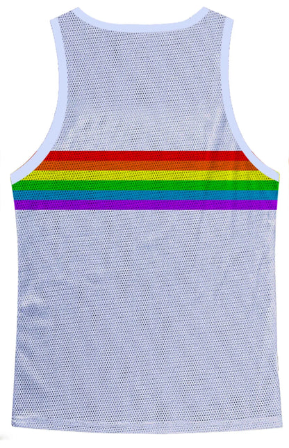 White mesh tank top with a bold rainbow chest stripe in the rainbow chest stripe mesh tank design