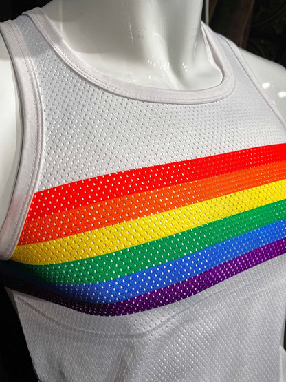 White mesh tank top with a vibrant rainbow stripe across the chest in the rainbow chest stripe mesh tank design