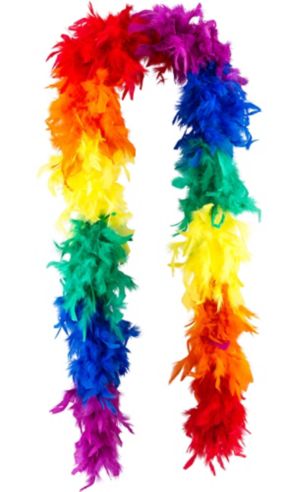 A vibrant rainbow feather boa with soft fluffy feathers arranged in a red to purple gradient