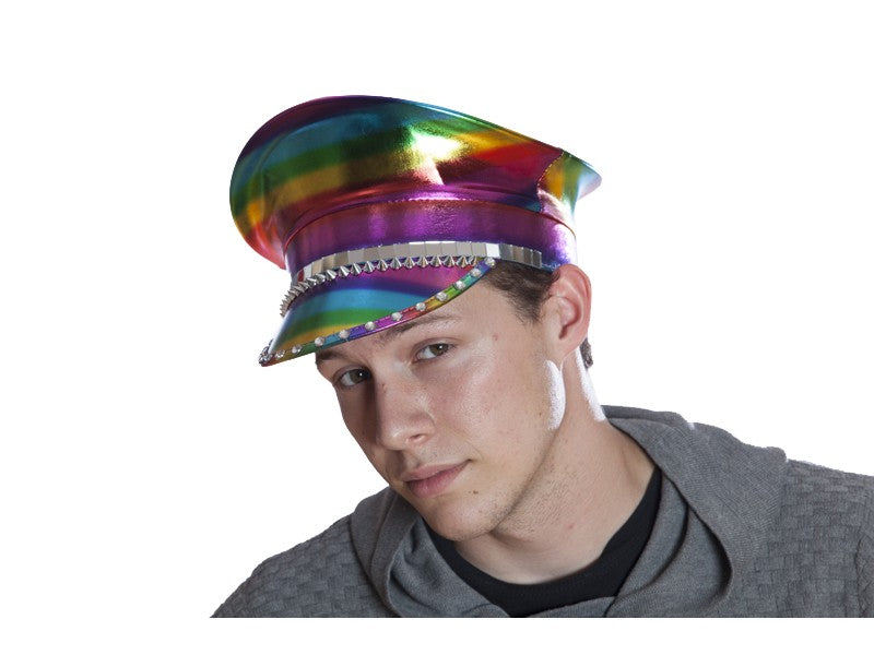 Rainbow festival hat featuring a rainbow-colored iridescent police-style cap with a metallic silver band and rhinestone trim
