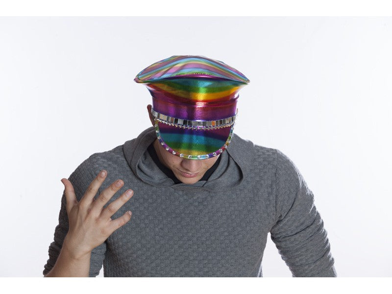 Rainbow festival hat featuring a rainbow-striped iridescent cap with a shiny metallic band