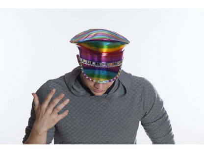 Rainbow festival hat featuring a rainbow-striped iridescent cap with a shiny metallic band