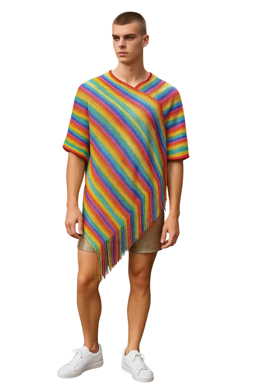 Rainbow glitter poncho with rainbow stripes knitted fabric, fringe hem, and short sleeves for stylish layering