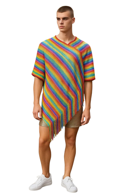 Rainbow glitter poncho with rainbow stripes knitted fabric, fringe hem, and short sleeves for stylish layering