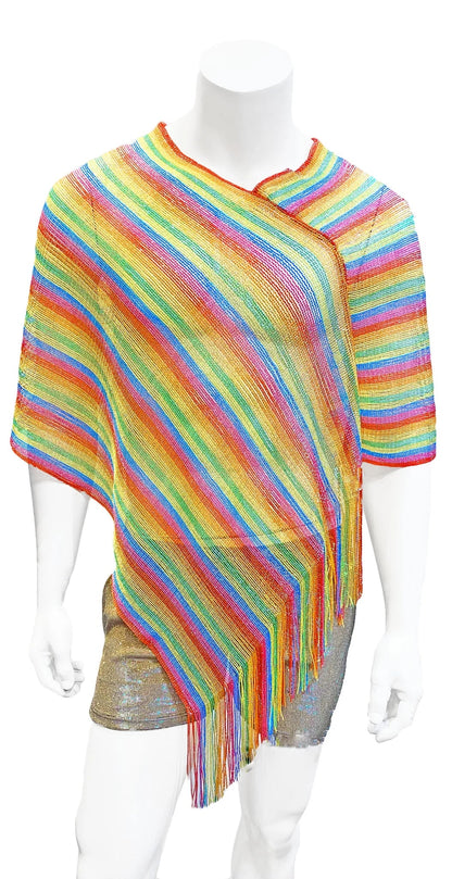 Rainbow glitter poncho knitted with rainbow stripes and fringe detailing ideal for cozy layering