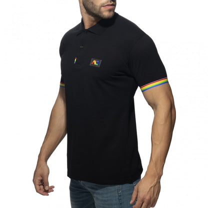 Black polo shirt with rainbow-striped cuffs and a small colorful logo on the chest for casual wear