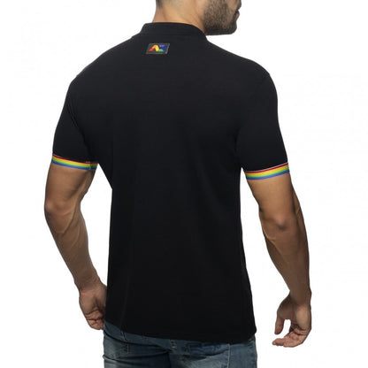 Black polo shirt with rainbow-striped cuffs and a small colorful logo on the back collar shown from the back side
