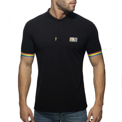 Black cotton rainbow polo shirt with rainbow trim sleeves and embroidered colorful geometric patch