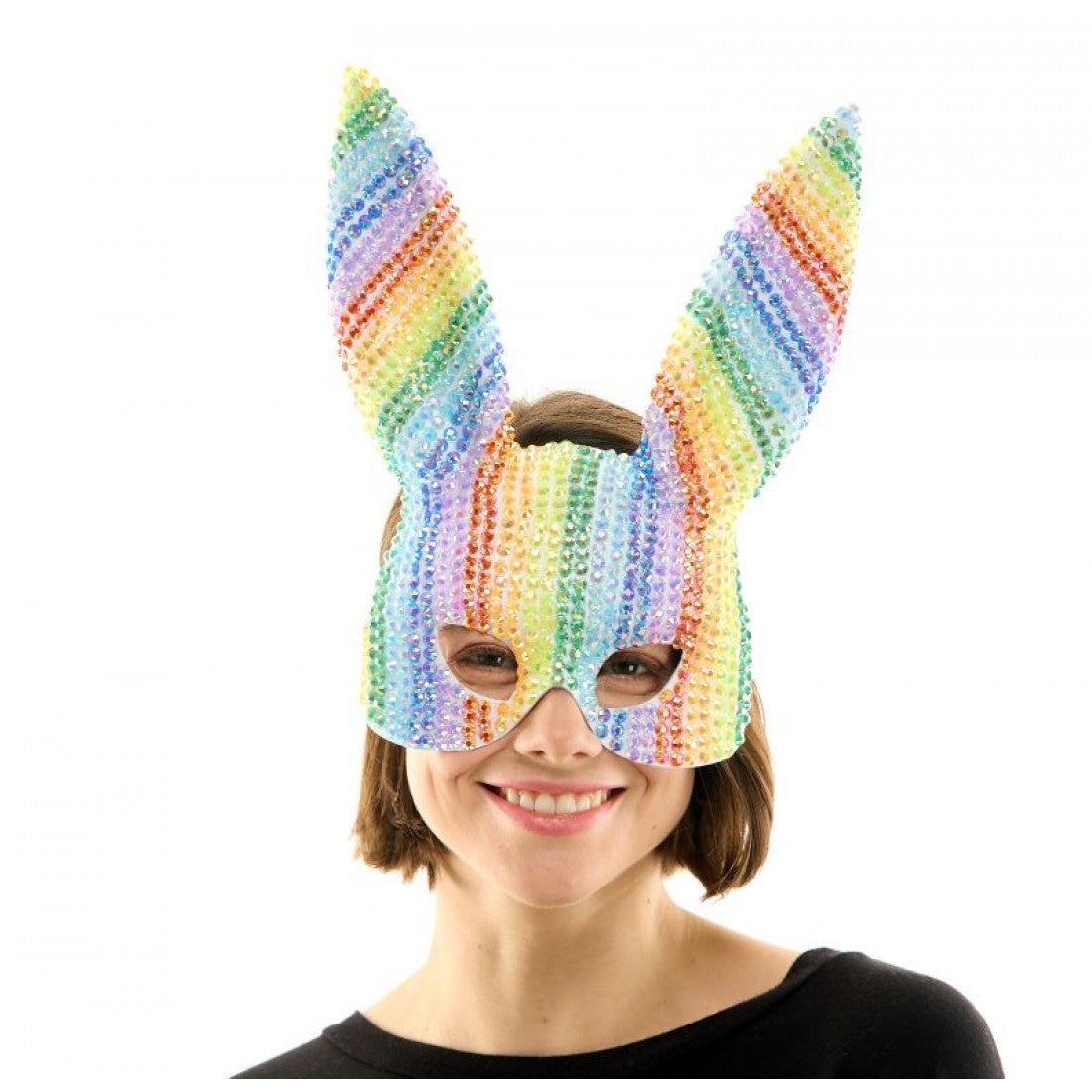 A sparkling rainbow rhinestone bunny mask with vertical sequin and rhinestone stripes for festive wear