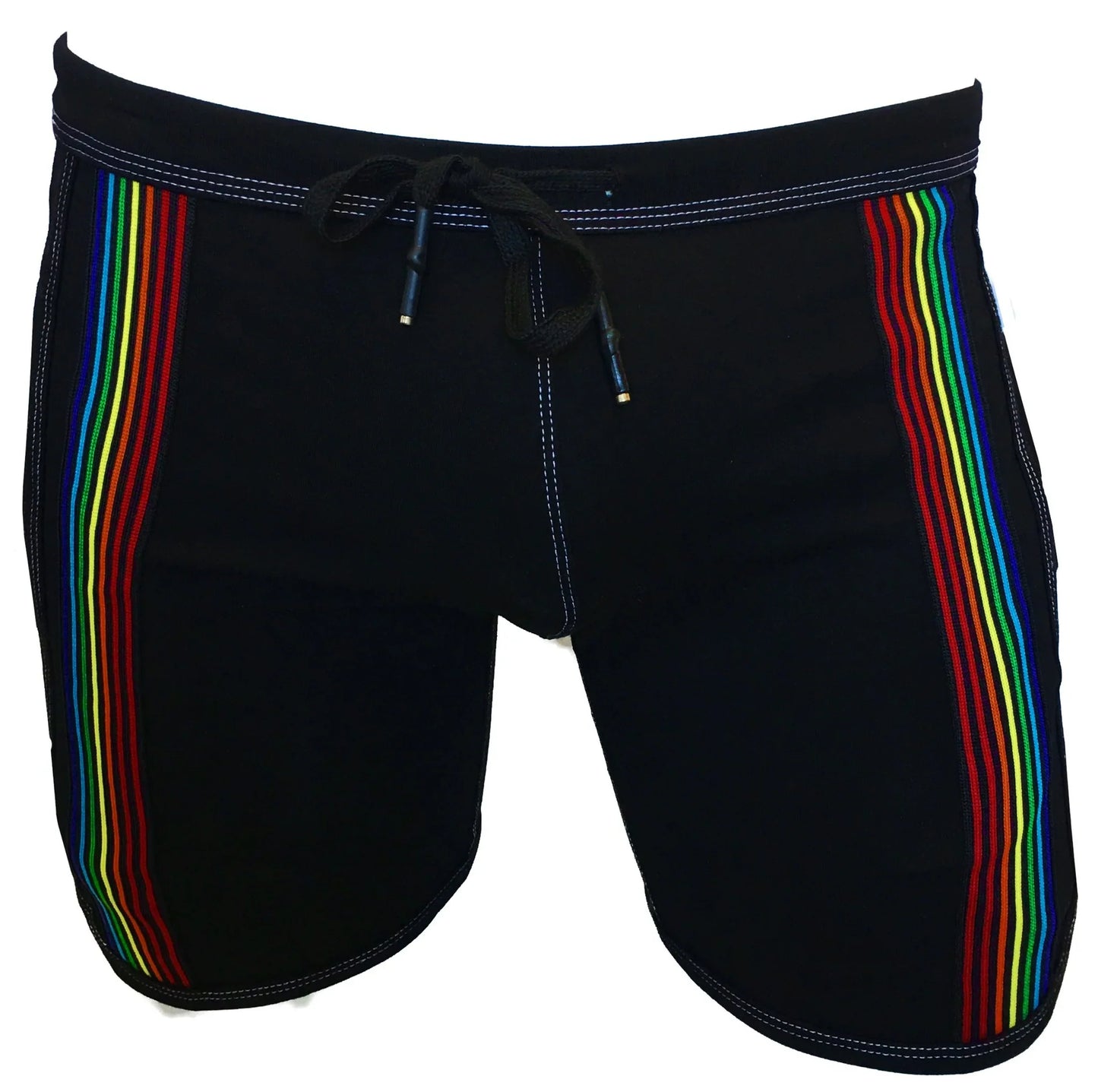 Black swim trunks called rainbow ribbon shorts featuring vibrant rainbow stripes down each side for beachwear