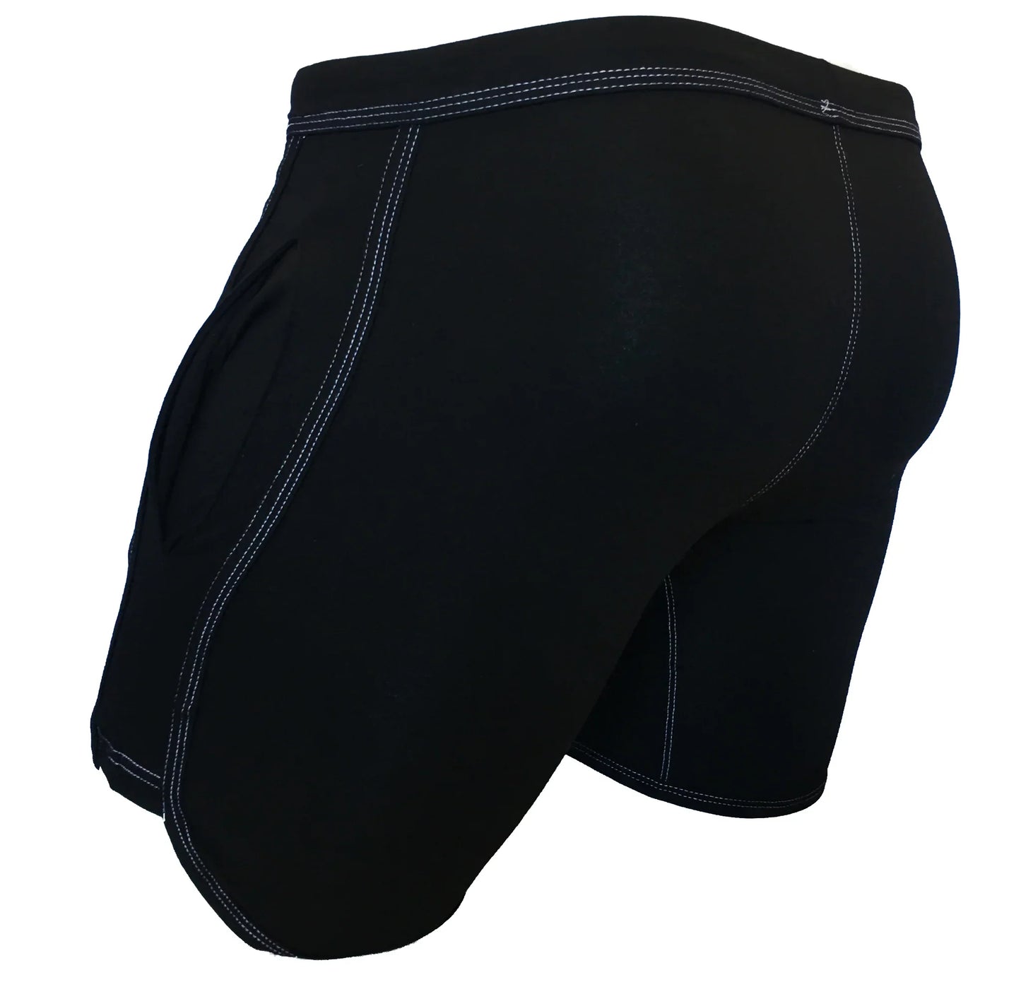 Black rainbow ribbon shorts with white stitching along seams and waistband designed for athletic use