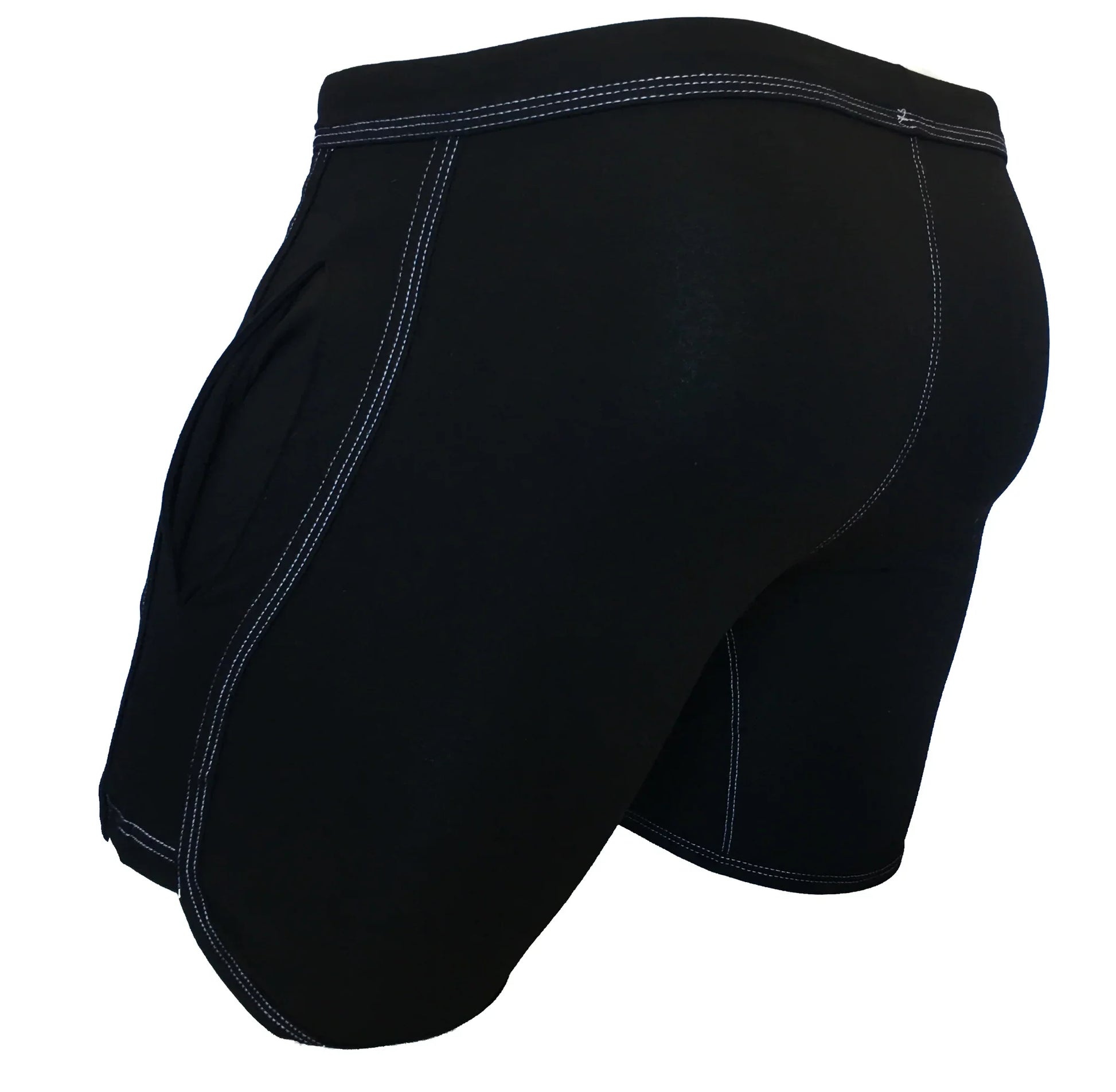 Black rainbow ribbon shorts with white stitching along seams and waistband designed for athletic use