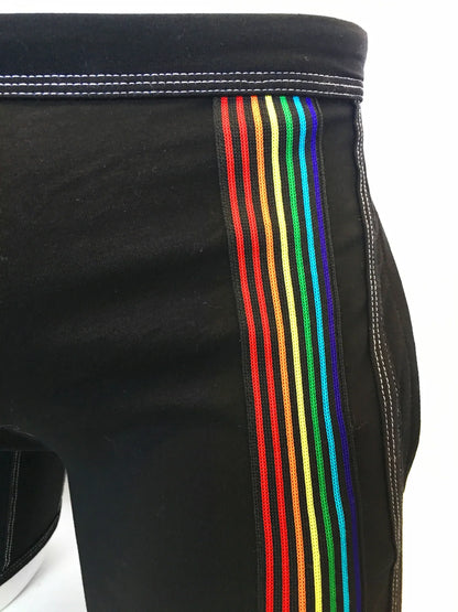 Black athletic shorts with a vibrant rainbow stripe down the side designed for active wear