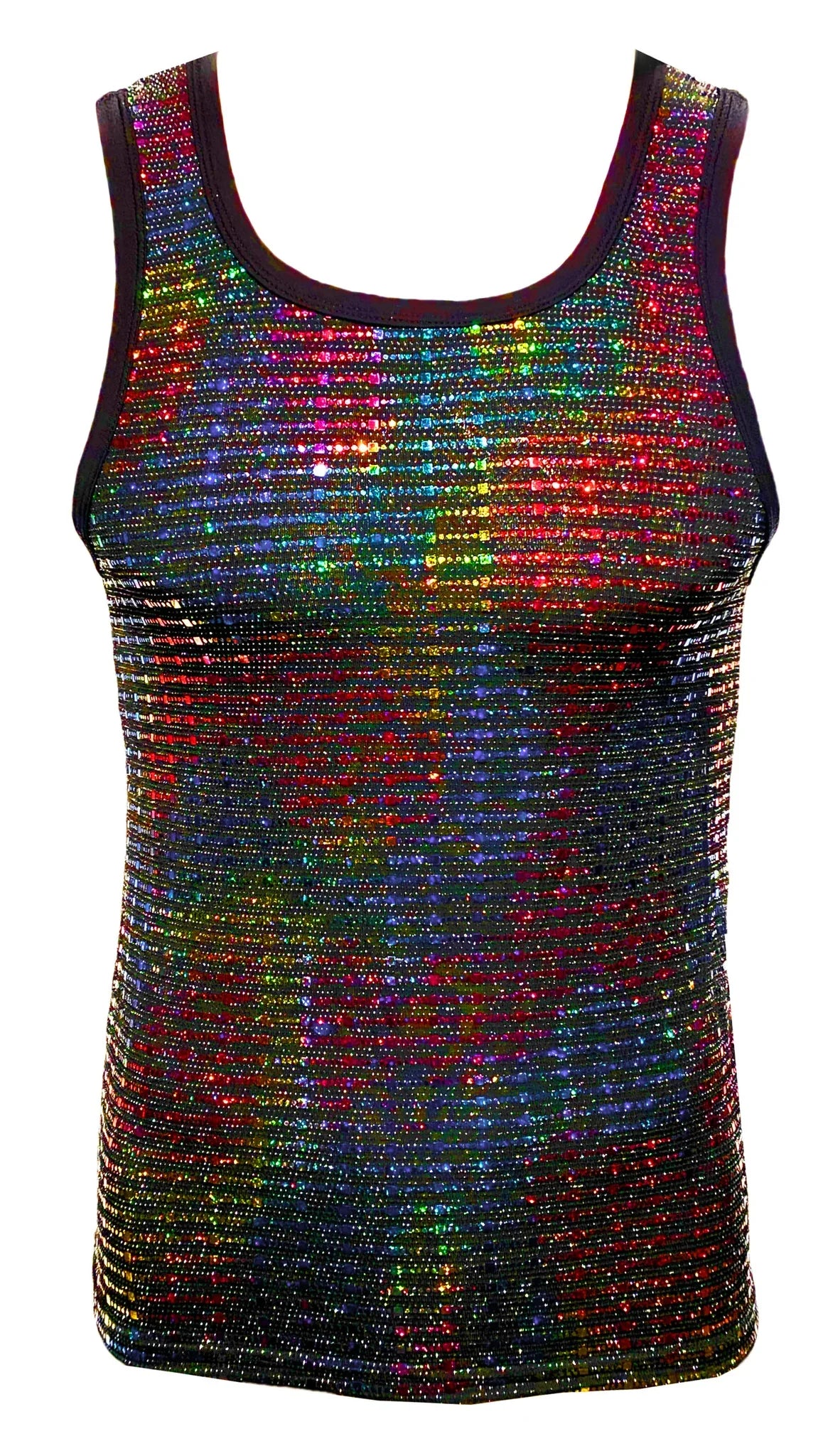 A shimmering rainbow sequined tank top with black trim perfect for festive and casual wear