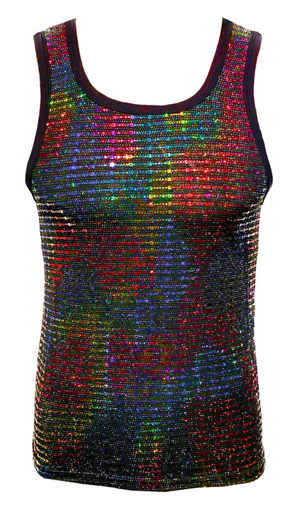 A shimmering rainbow sequined tank top with black trim perfect for festive and casual wear