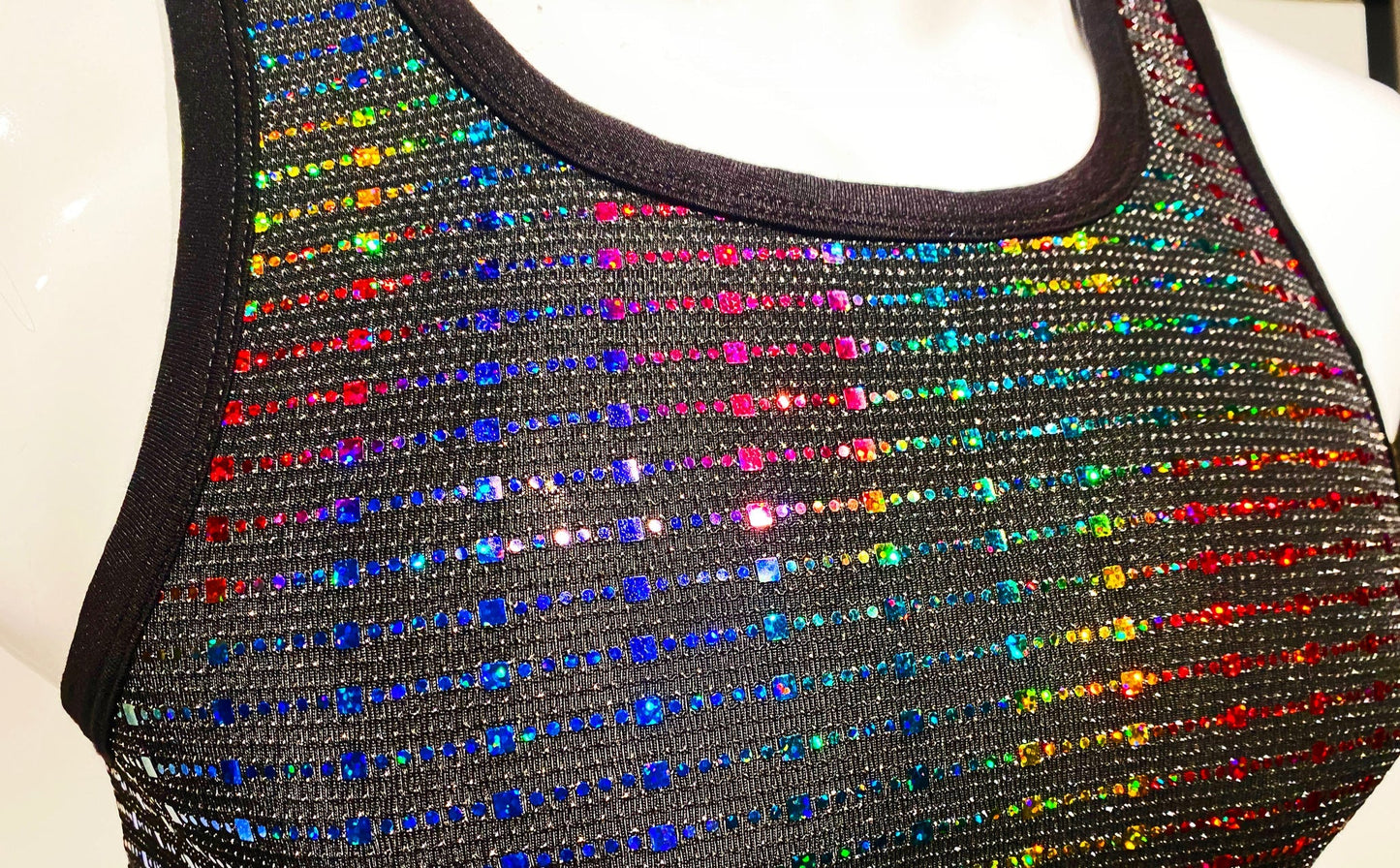 A black sequined tank top adorned with vibrant rainbow rhinestones in diagonal stripes called rainbow sequin tank