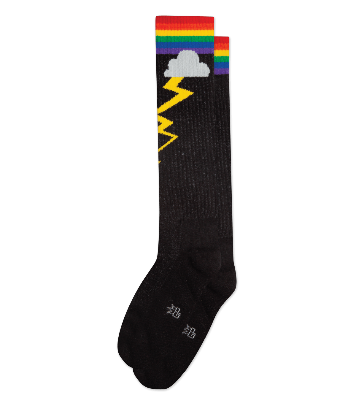 Black knee high socks with vibrant rainbow stripe, white cloud, and yellow lightning bolt design called rainbow storm knee high socks