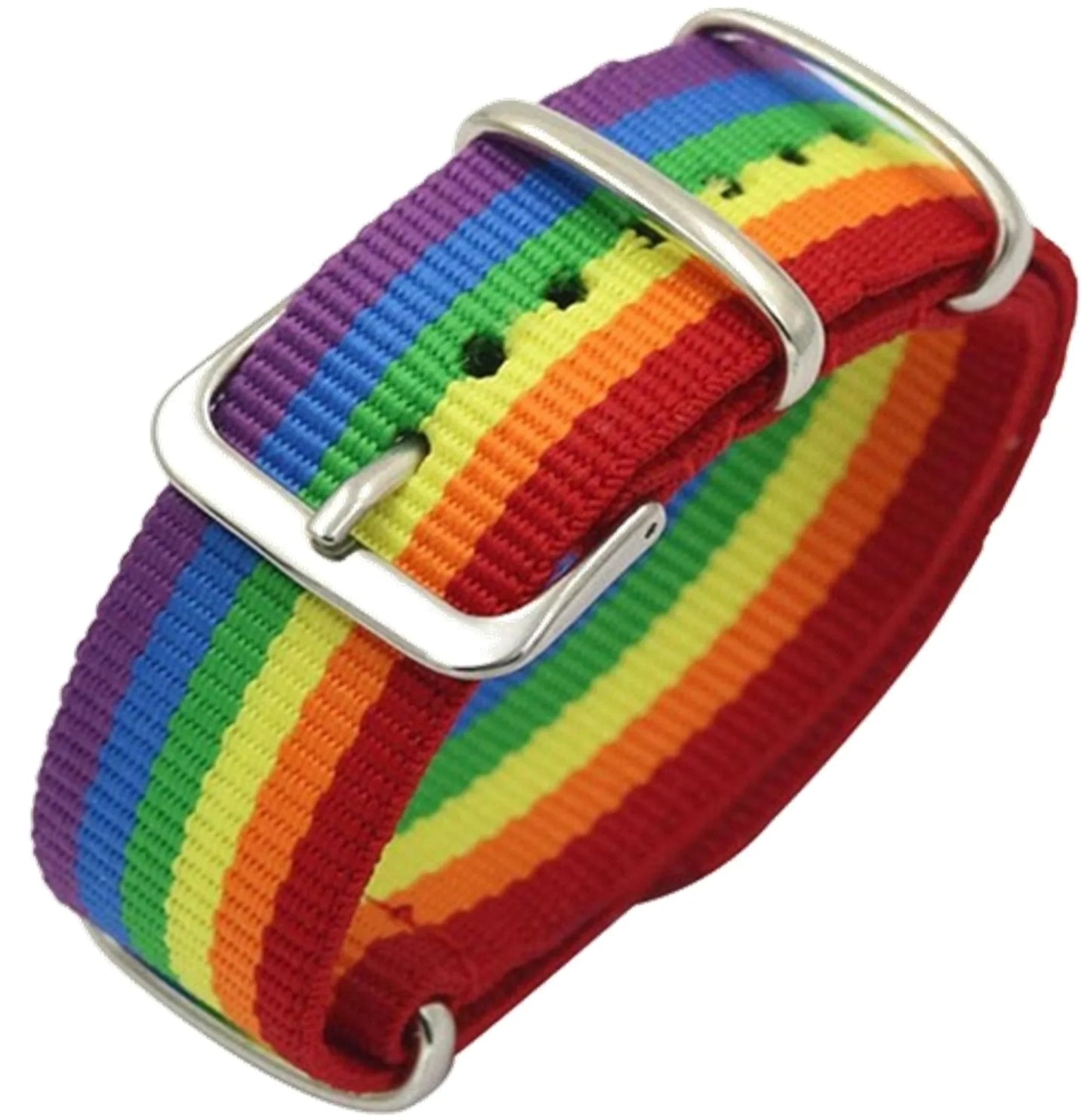 Rainbow strap bracelet featuring a nylon rainbow-striped watch strap with silver-toned metal buckle for wrist use