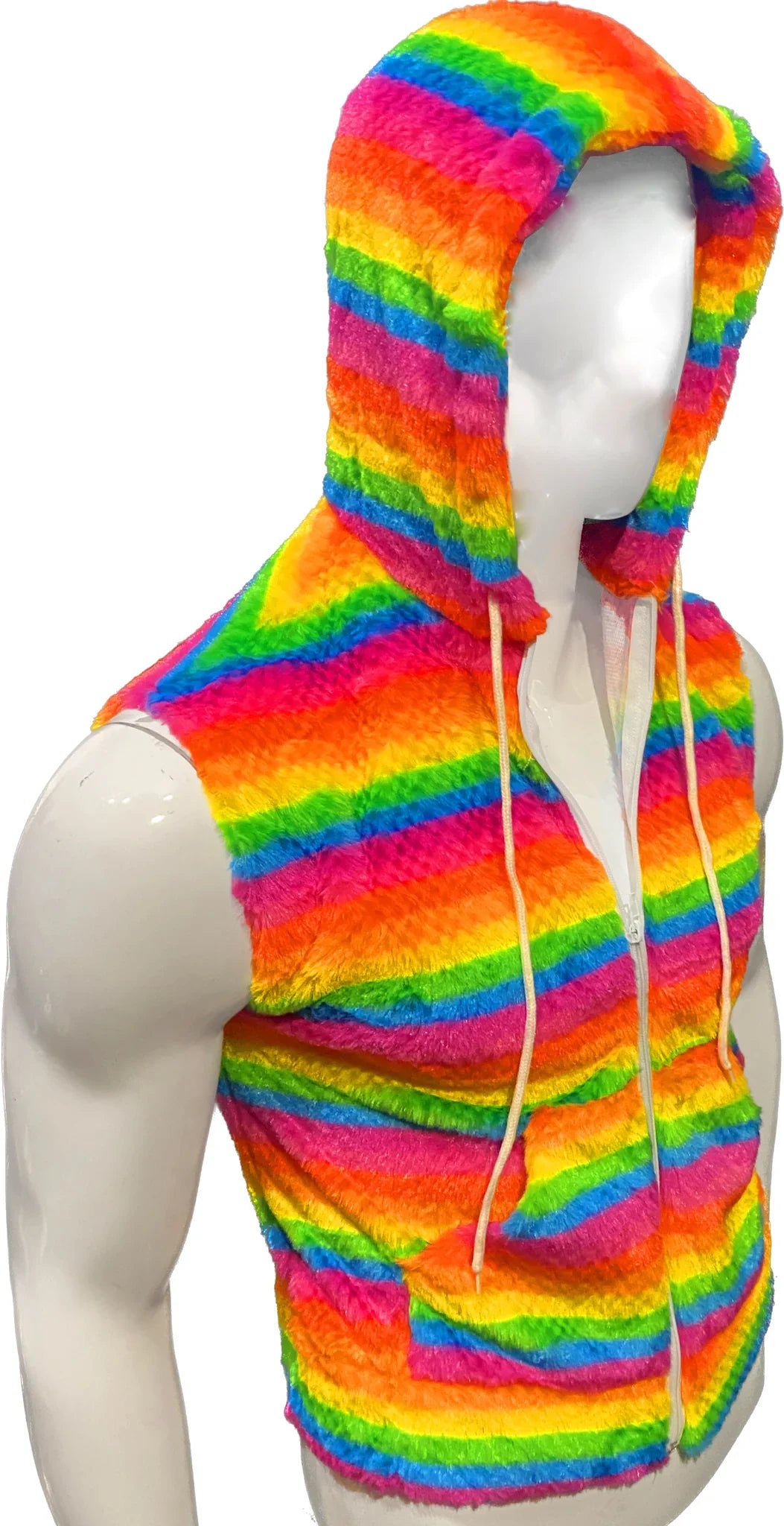 Rainbow stripe faux fur hoodie fuzzy vest with zip front and drawstrings in vibrant rainbow colors