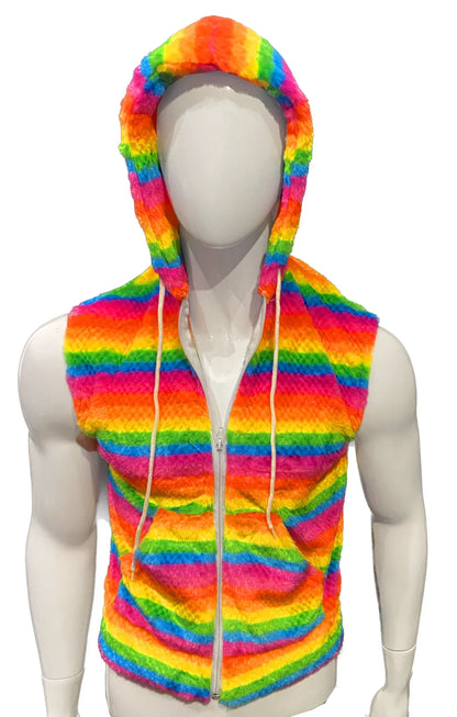 Rainbow stripe faux fur hoodie is a fuzzy hooded vest with front zipper and drawstrings in vibrant rainbow colors